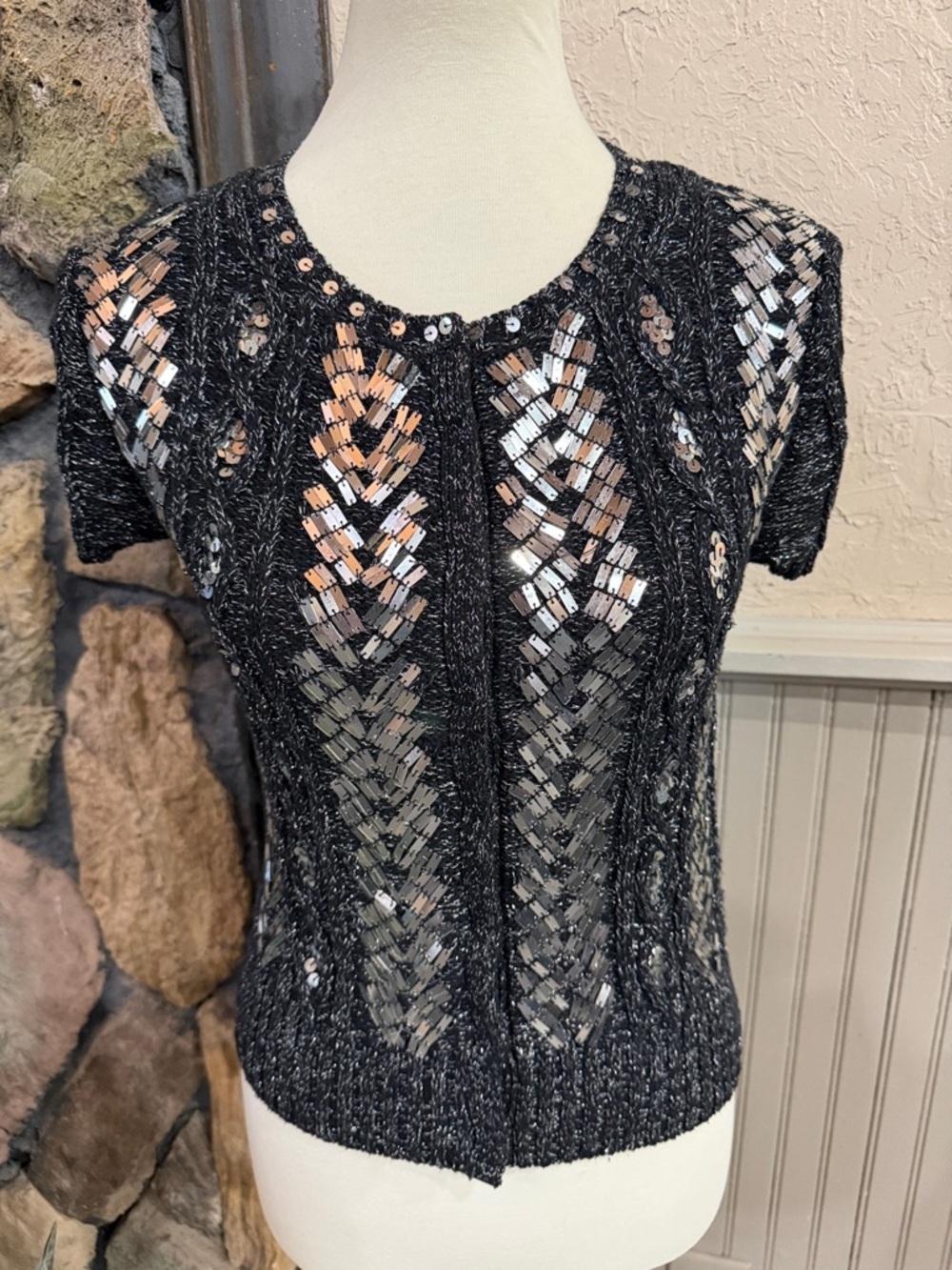Topshop Black Sequin Chevron Knit Short-Sleeve Cardigan